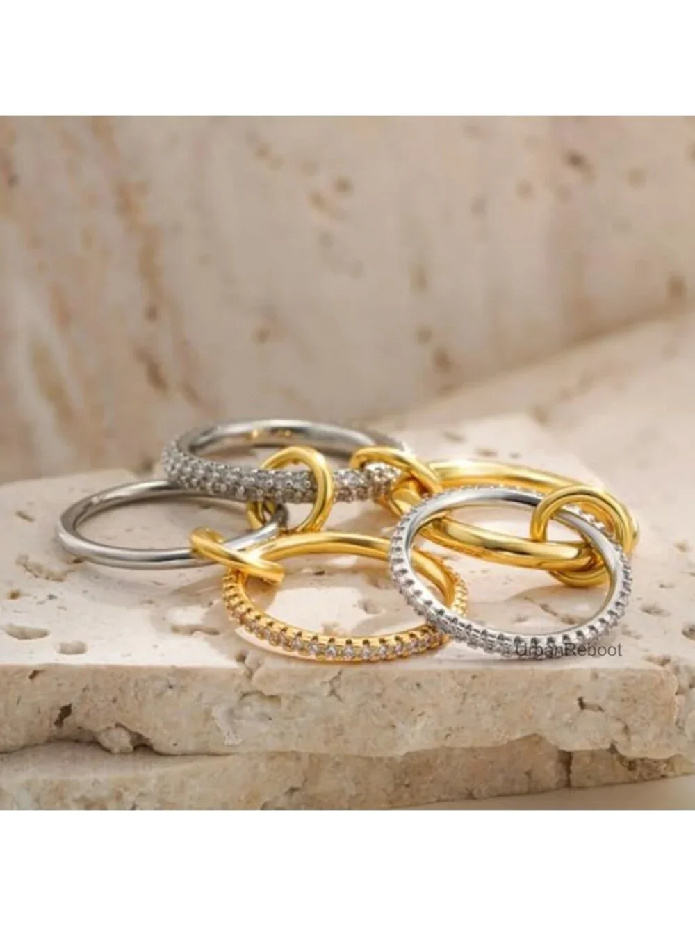 14K Gold Plated Cubic Zirconia Stackable Ring Set - 5 Rings Mixed Metals